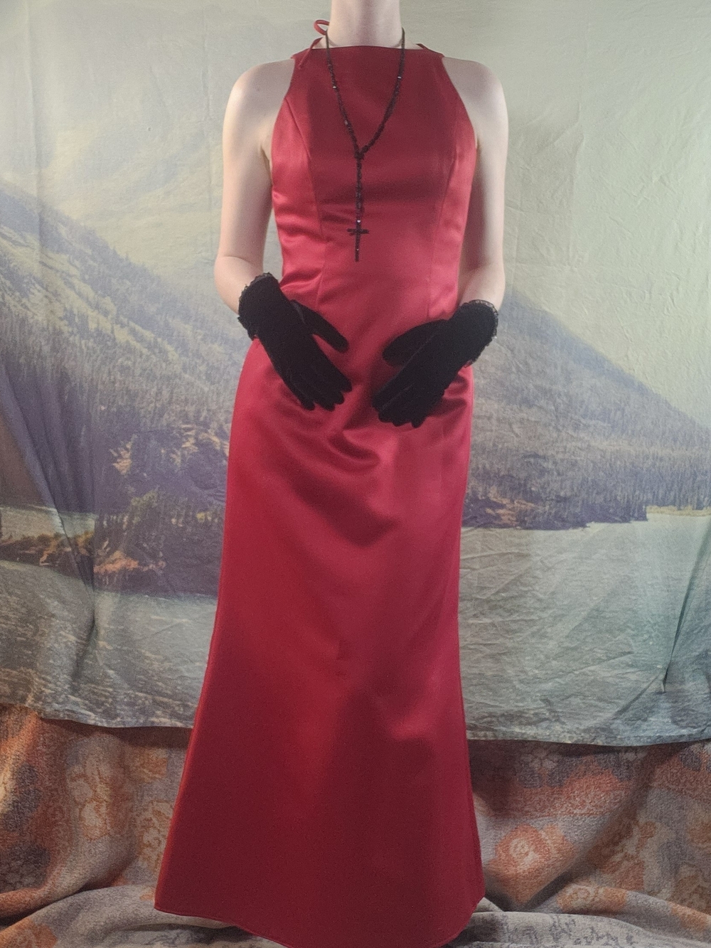 Vtg 90s After Six Red Satin High Neck Sheath Maxi Gown Dress Sz 6